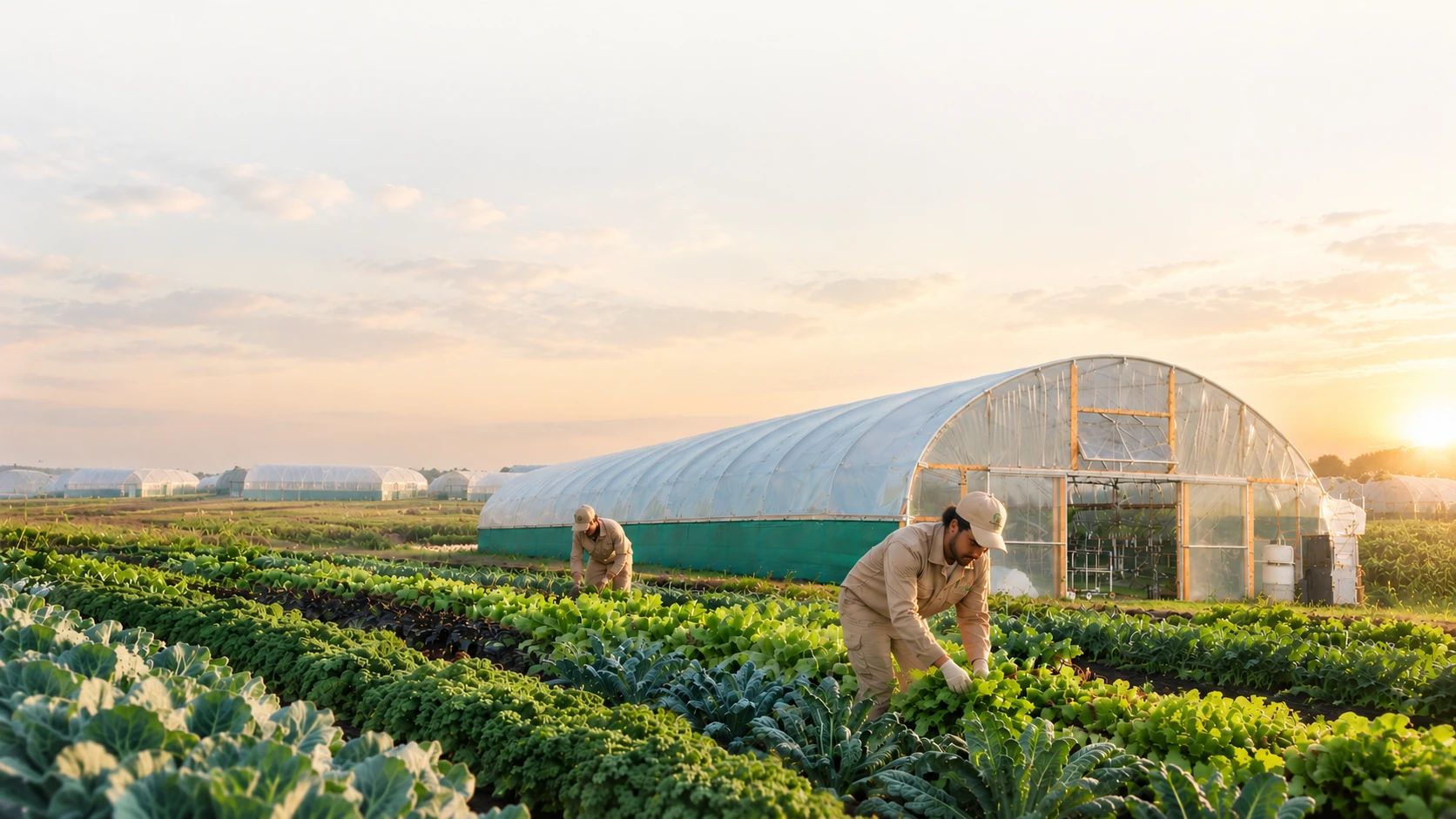 Farm workers tending fresh vegetables beside a greenhouse at sunrise